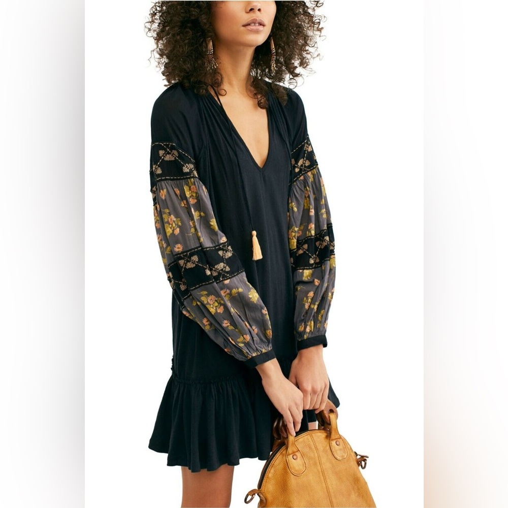 People Mix It up Tunic Babydoll Dress S Black Floral Hippie Boho Ob941755